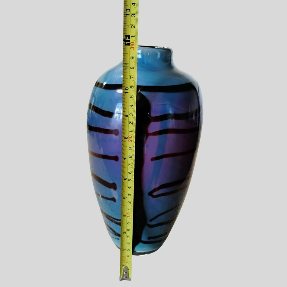 Handblown Iridescent Art Glass Vase With Abstract Design Blue & Purple Tones 12" - Picture 7 of 16